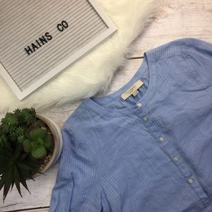 Loft Blouse- Blue Y Neck Bell Sleeve Loose- Medium